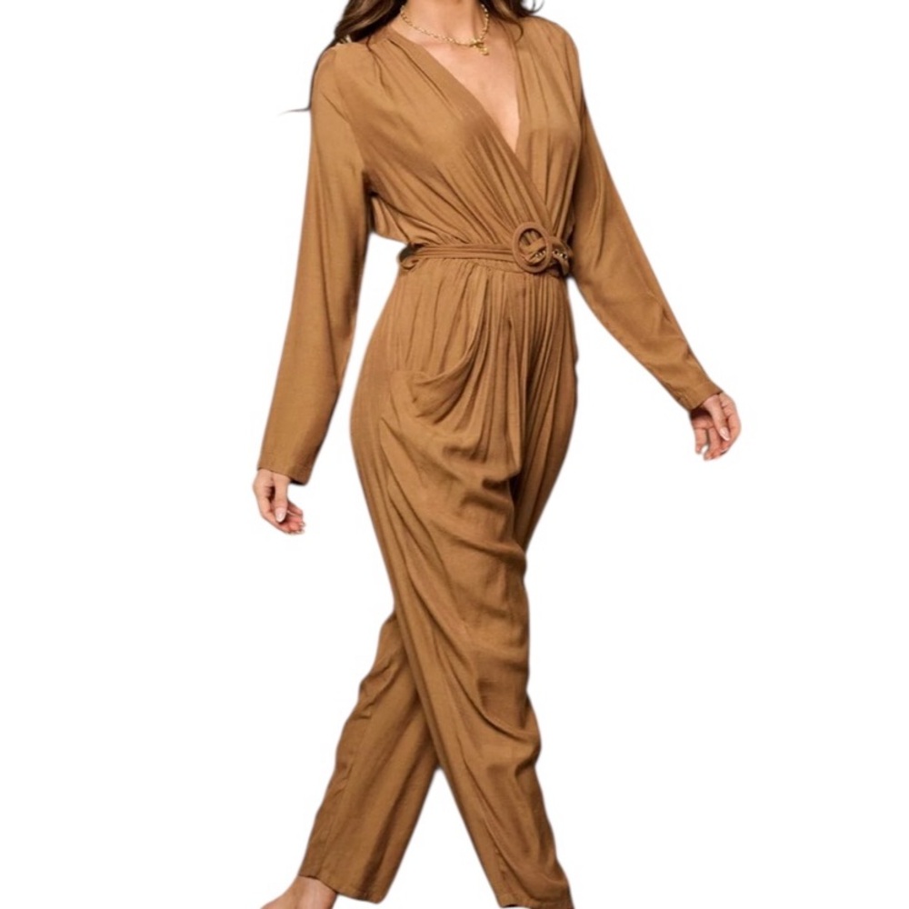 FEEL IN WOMEN'S LONG SLEEVE V-NECK SURPLICE FRONT POCKETS BELTED JUMPSUIT